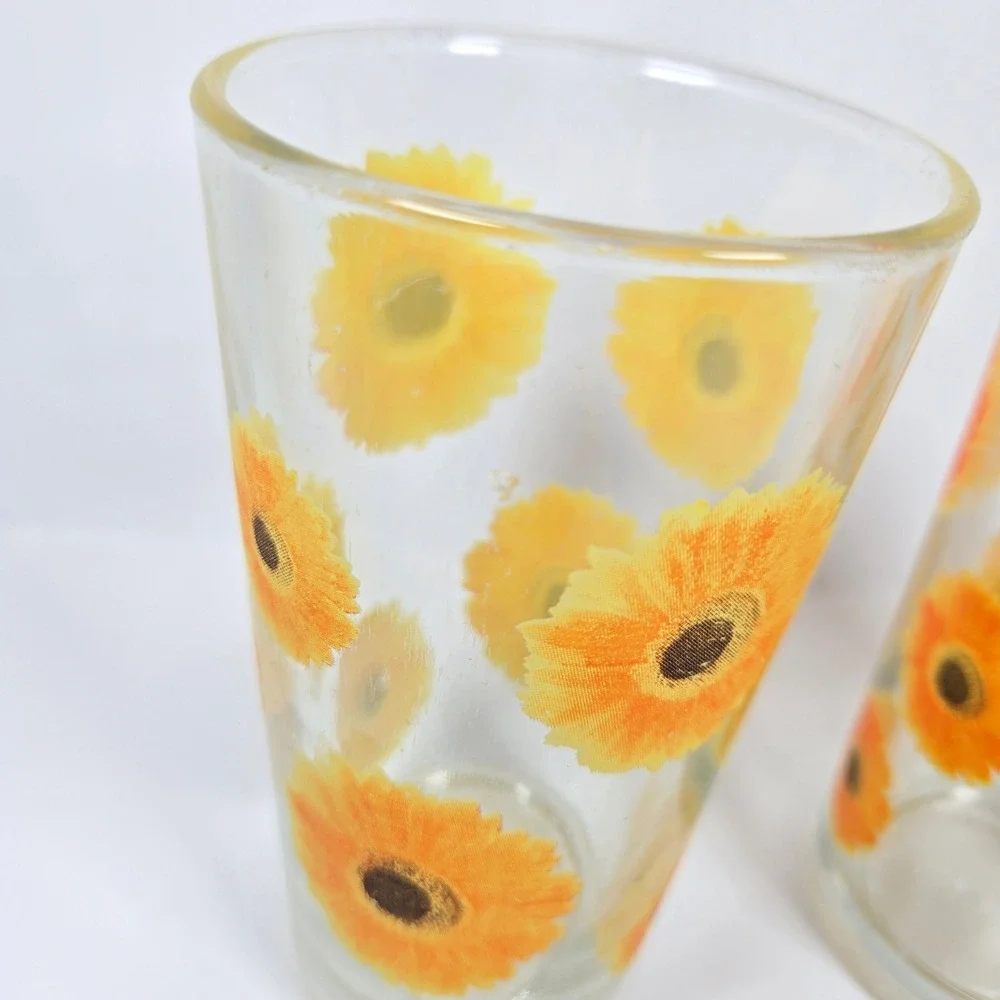 Vintage KIG Indonesia Sunflowers Daisies Drinking Glass Tumblers 10oz Flowers FG